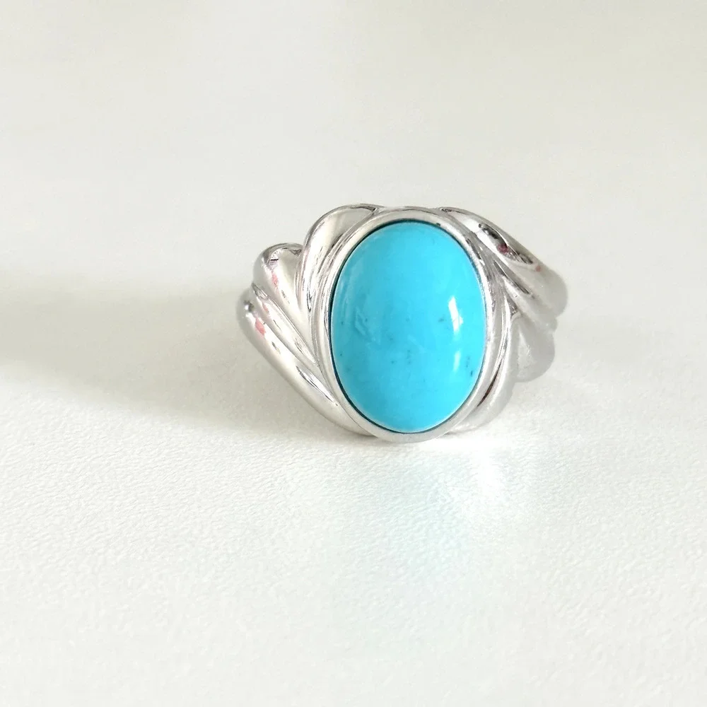 925 Sterling Silver JS Designer Large Oval Turquoise Band Ring Size 10